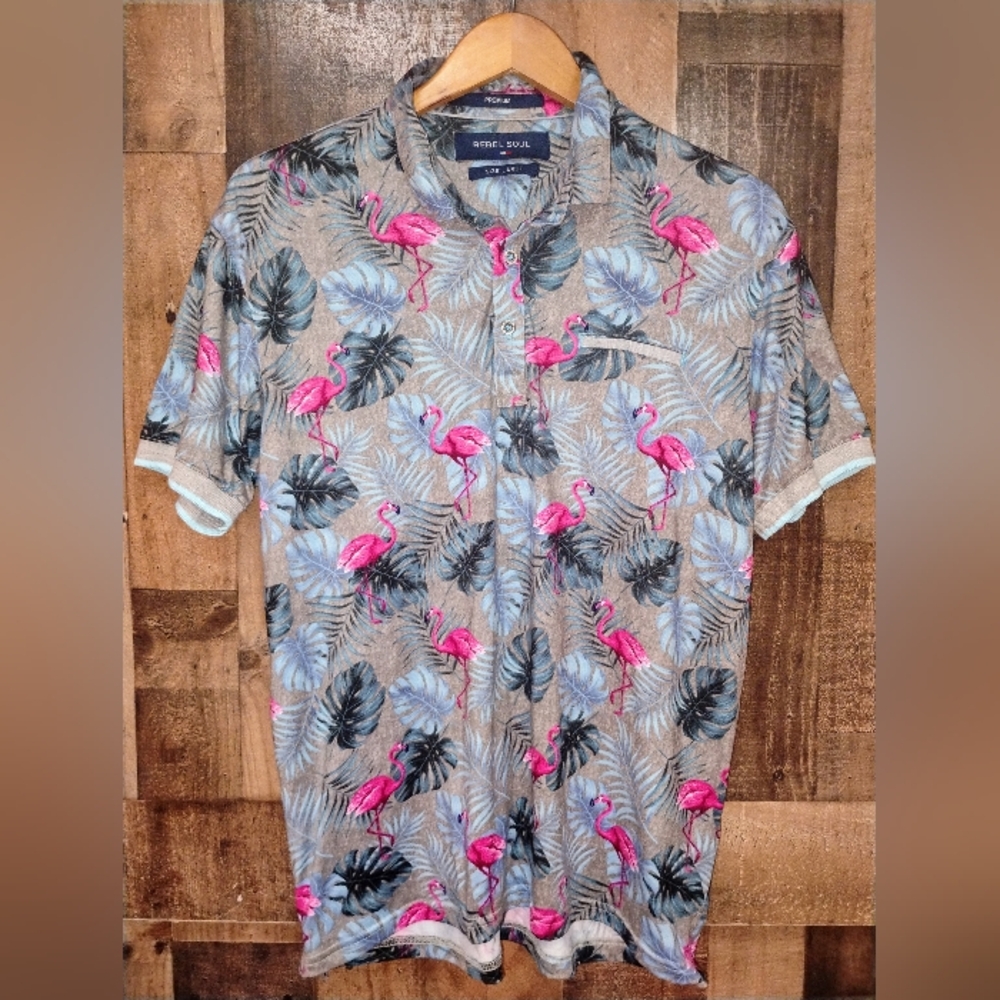REBEL SOUL Men's Flamingo Leaf Print Shirt Sleeve Shirt Shirt Size Large